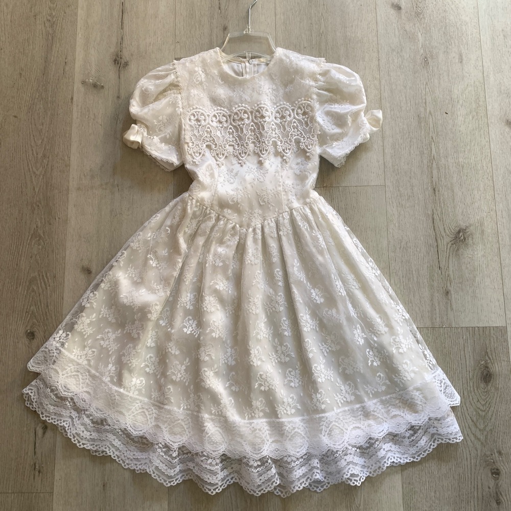 Vintage Jessica McClintock Gunne Sax Girls Ivory Lace Flower Girl Dress size 10